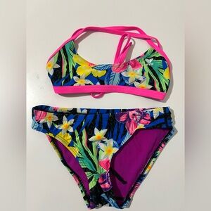 TYR Girls' Floral Bikini Set - Hot Pink Trim, Blue & Green Print Size XS